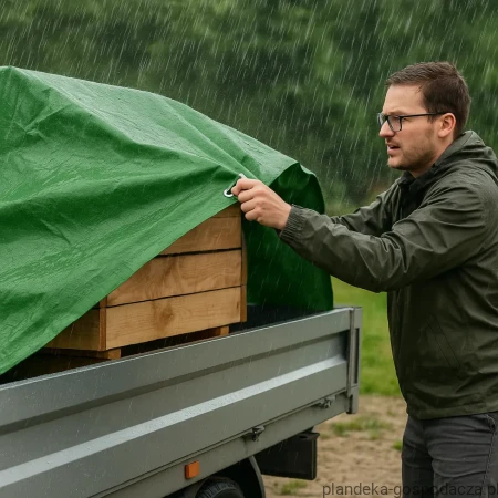 Plandeka HDPE 160 g/m² używana do przykrycia naczepy. Odporna na wiatr, śnieg i promieniowanie UV.