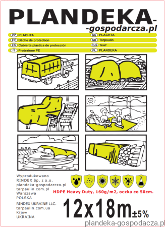 Etykieta plandeki HDPE 160g gospodarczej 12x18 m z danymi technicznymi.