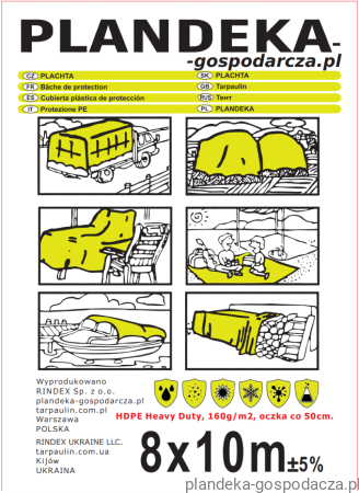 Plandeka HDPE 8x10 gramaturą 160 g/m2 - etykieta plandeki